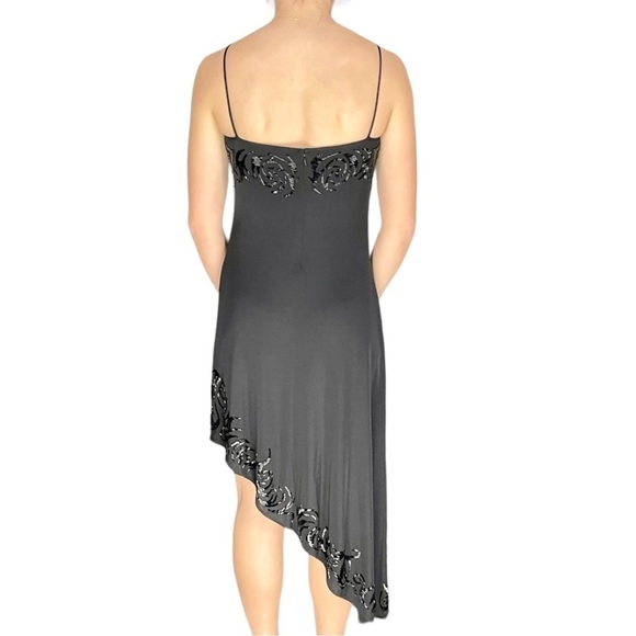TADASHI SHOJI 90'S SPAGHETTI STRAP CAMI ASYMMETRIC HEM BEADED BLACK SLIP DRESS - Picture 2 of 16